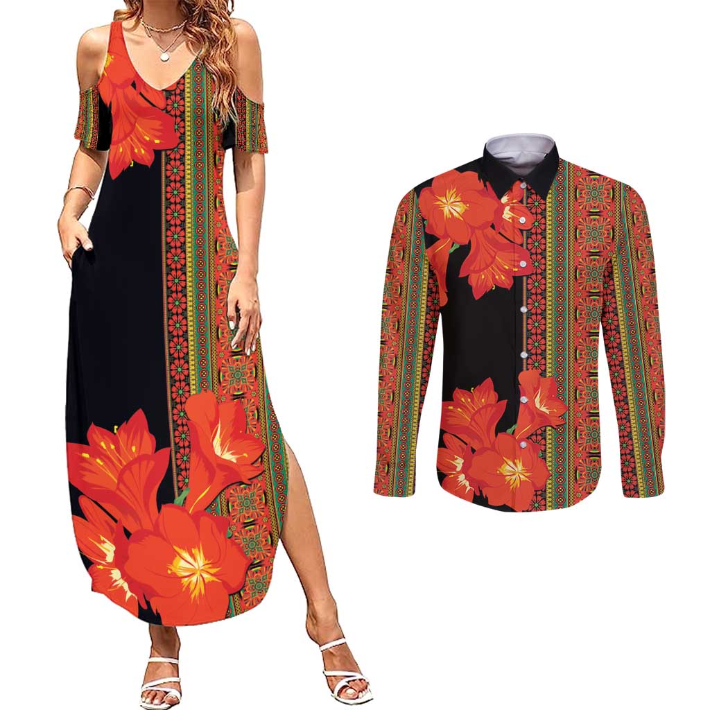 Africa Beauty Clivia Miniata Flowers Couples Matching Summer Maxi Dress and Long Sleeve Button Shirt LT9 - Wonder Print Shop