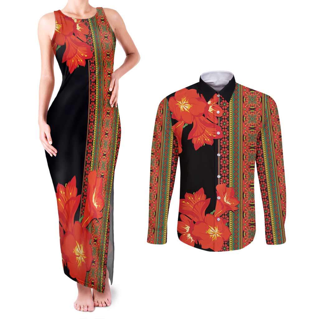 Africa Beauty Clivia Miniata Flowers Couples Matching Tank Maxi Dress and Long Sleeve Button Shirt LT9 - Wonder Print Shop