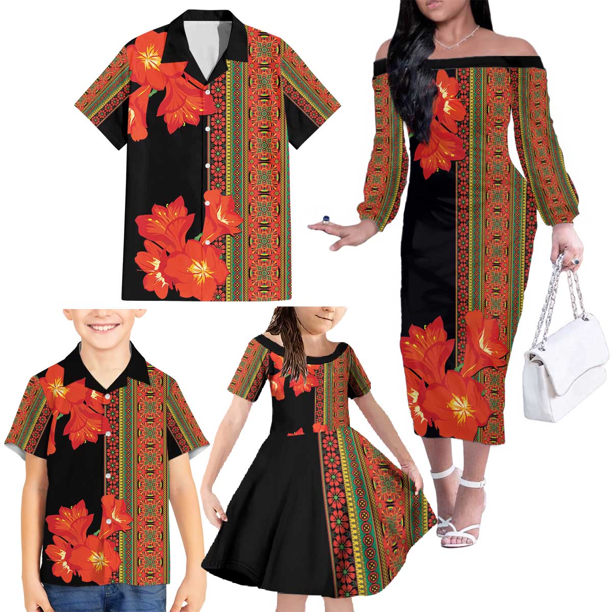 Africa Beauty Clivia Miniata Flowers Family Matching Off The Shoulder Long Sleeve Dress and Hawaiian Shirt - Wonder Print Shop