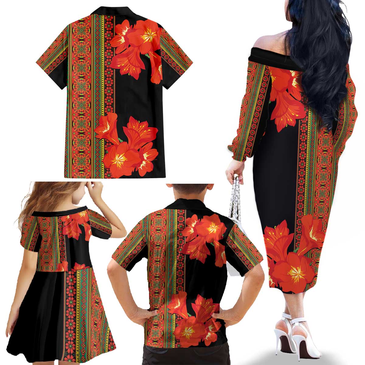 Africa Beauty Clivia Miniata Flowers Family Matching Off The Shoulder Long Sleeve Dress and Hawaiian Shirt - Wonder Print Shop