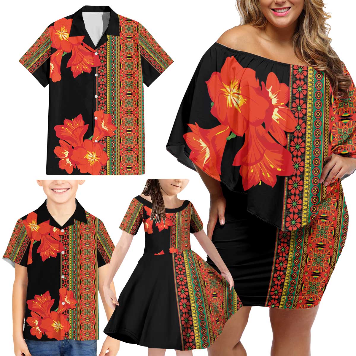 Africa Beauty Clivia Miniata Flowers Family Matching Off Shoulder Short Dress and Hawaiian Shirt LT9 - Wonder Print Shop