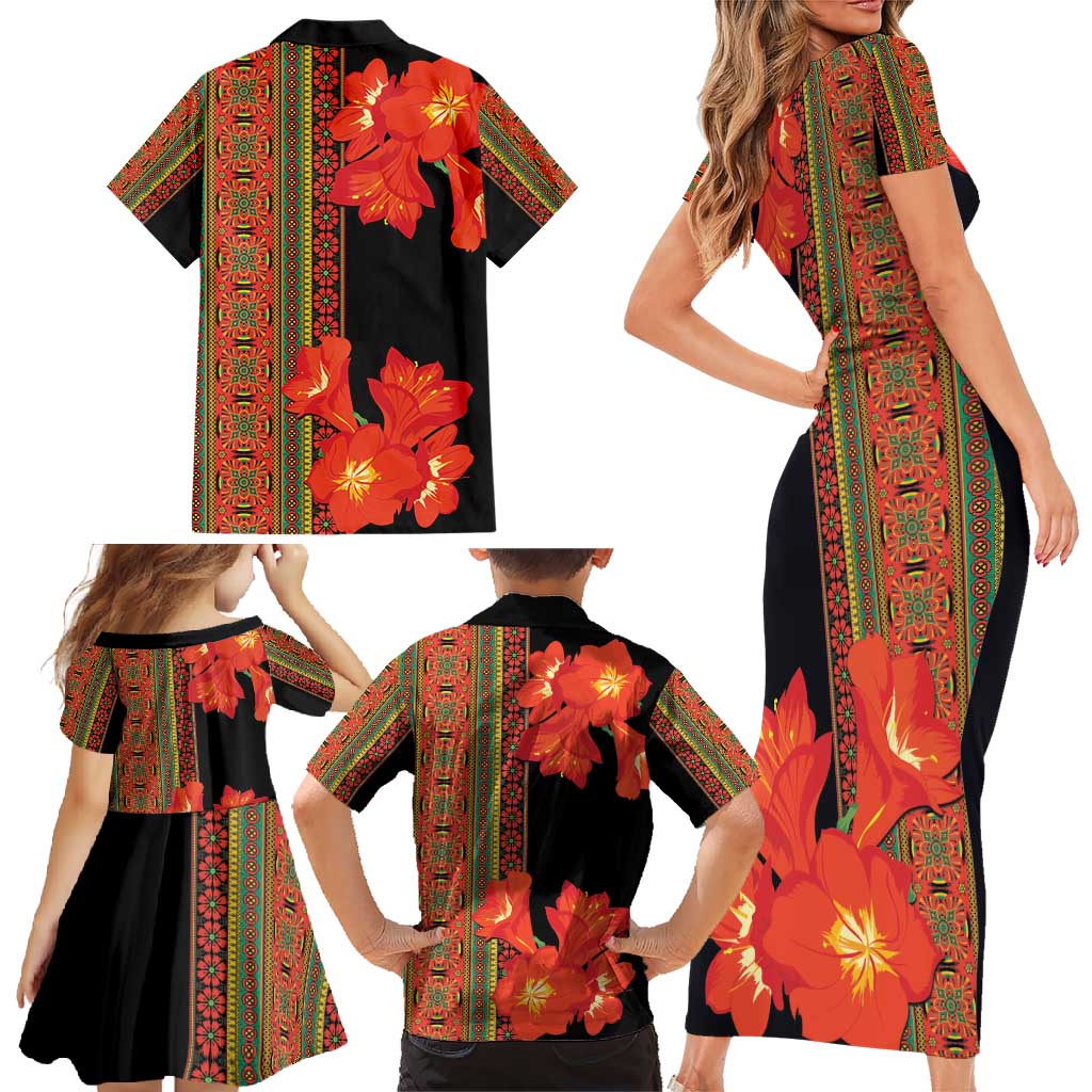 Africa Beauty Clivia Miniata Flowers Family Matching Short Sleeve Bodycon Dress and Hawaiian Shirt - Wonder Print Shop