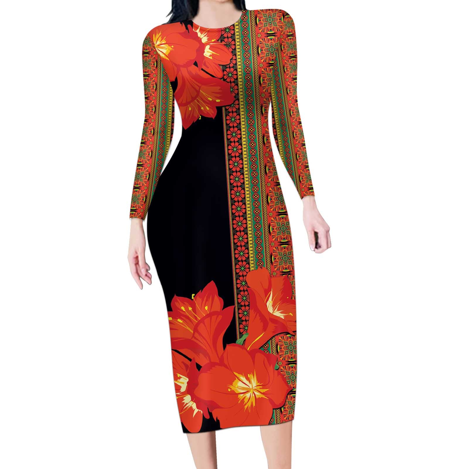 Africa Beauty Clivia Miniata Flowers Long Sleeve Bodycon Dress - Wonder Print Shop