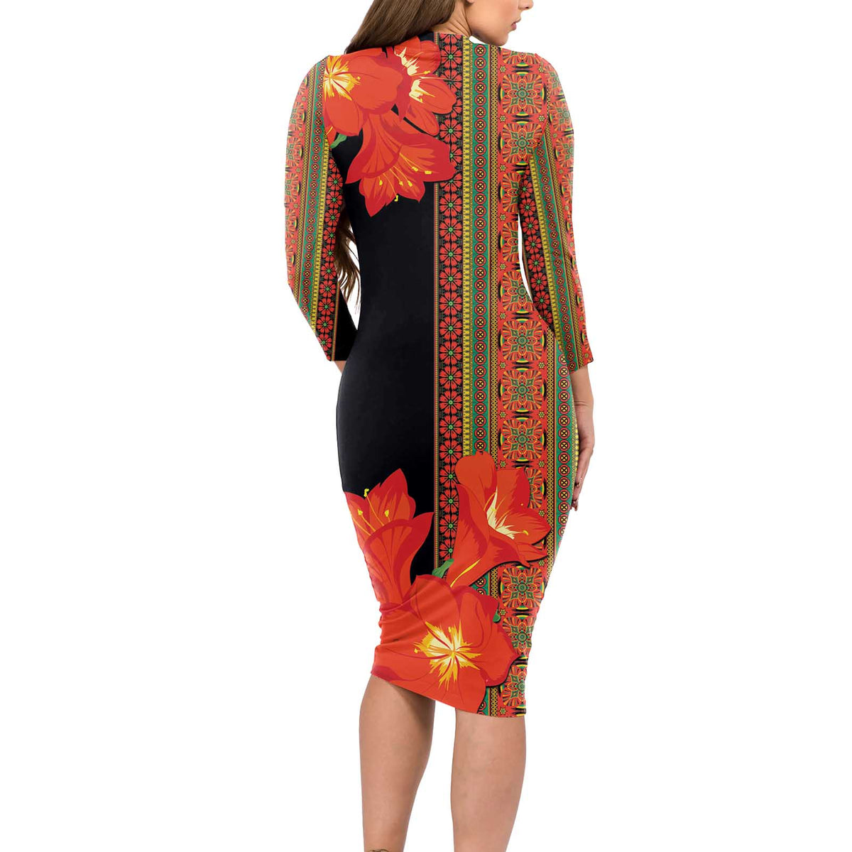 Africa Beauty Clivia Miniata Flowers Long Sleeve Bodycon Dress - Wonder Print Shop
