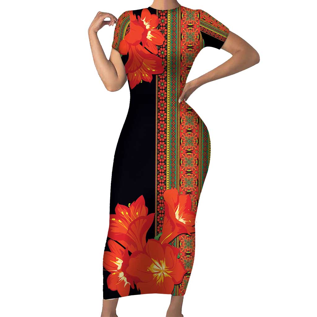 Africa Beauty Clivia Miniata Flowers Short Sleeve Bodycon Dress - Wonder Print Shop