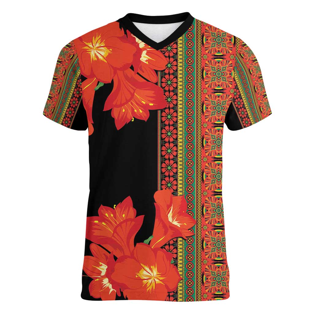Africa Beauty Clivia Miniata Flowers Women V-Neck T-Shirt - Wonder Print Shop
