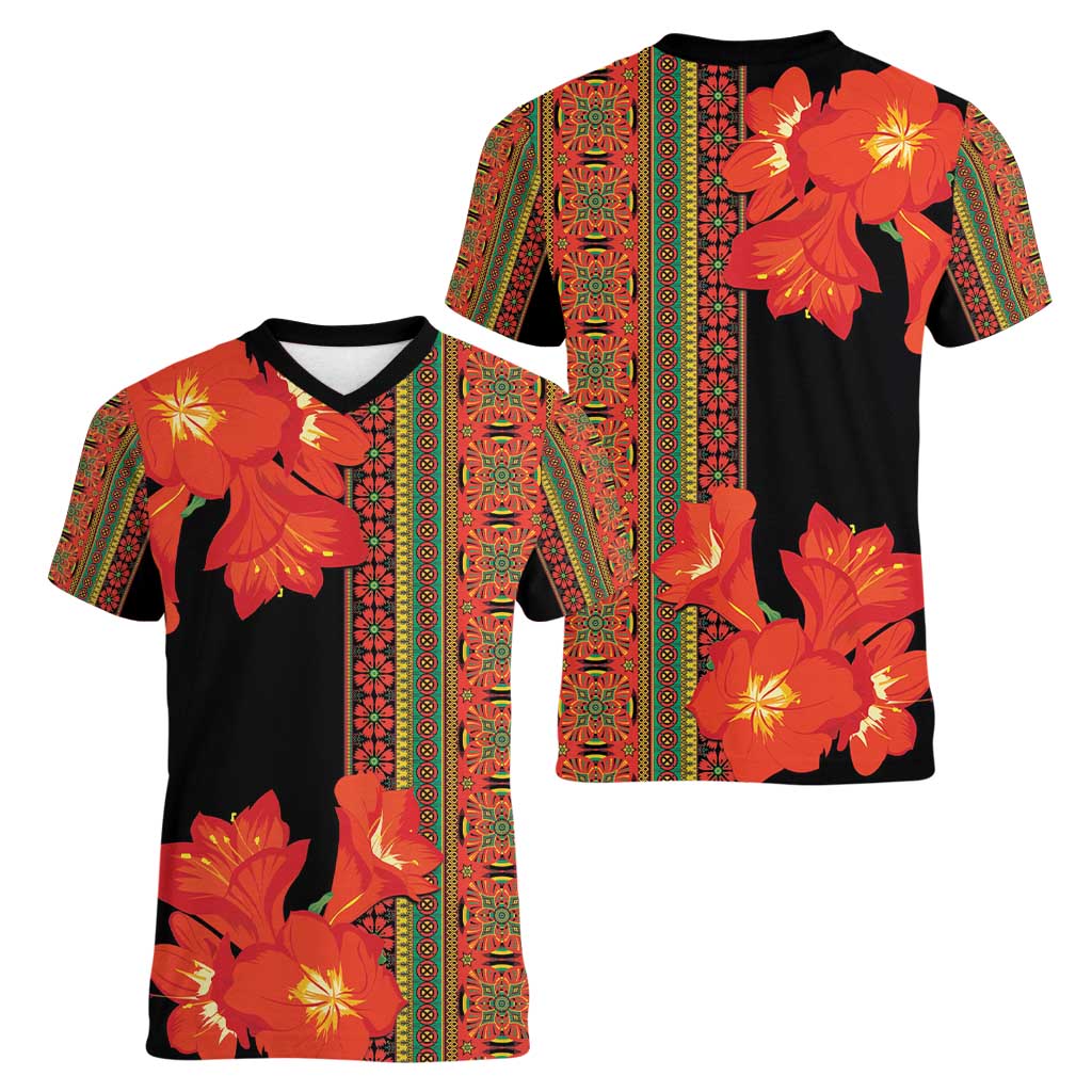 Africa Beauty Clivia Miniata Flowers Women V-Neck T-Shirt - Wonder Print Shop