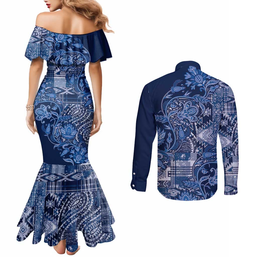 Africa Floral mix Maasai Shuka Couples Matching Mermaid Dress and Long Sleeve Button Shirt Blue Moitf