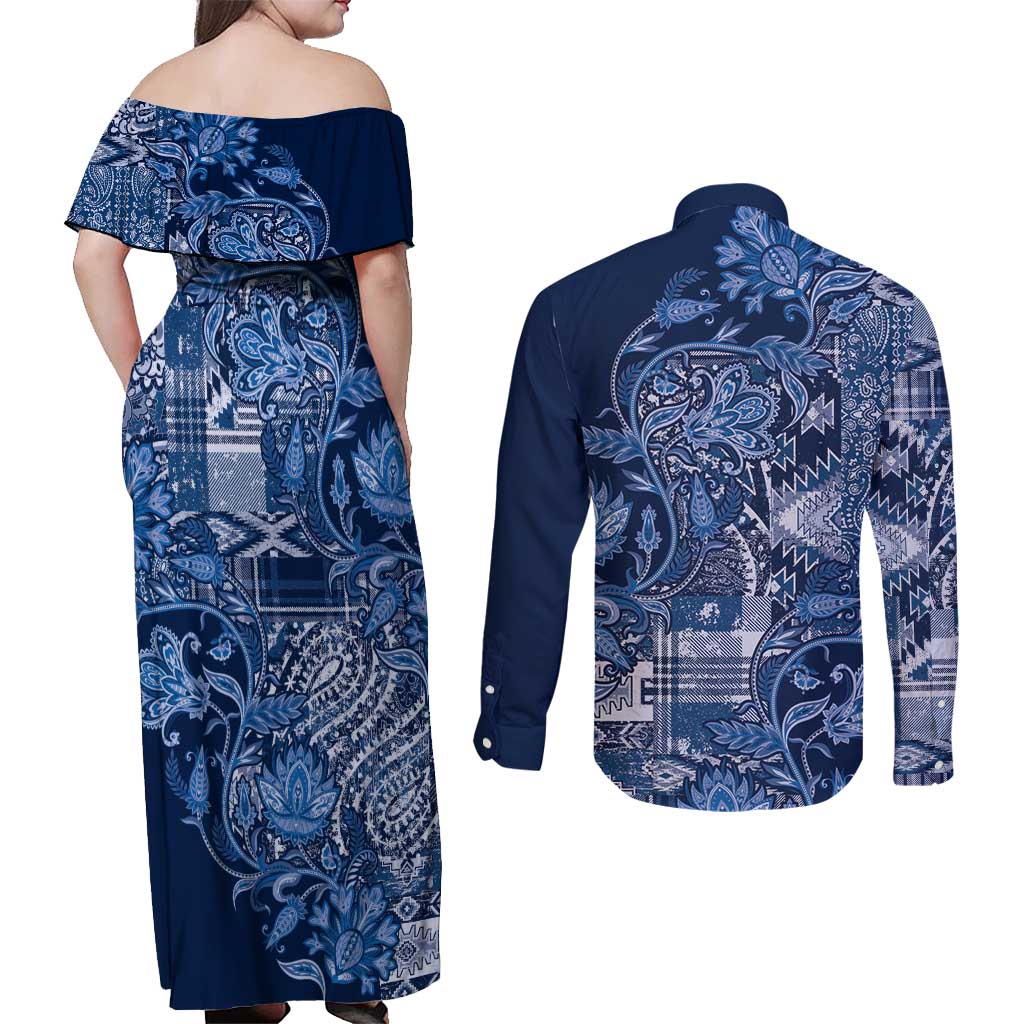 Africa Floral mix Maasai Shuka Couples Matching Off Shoulder Maxi Dress and Long Sleeve Button Shirt Blue Moitf LT9 - Wonder Print Shop