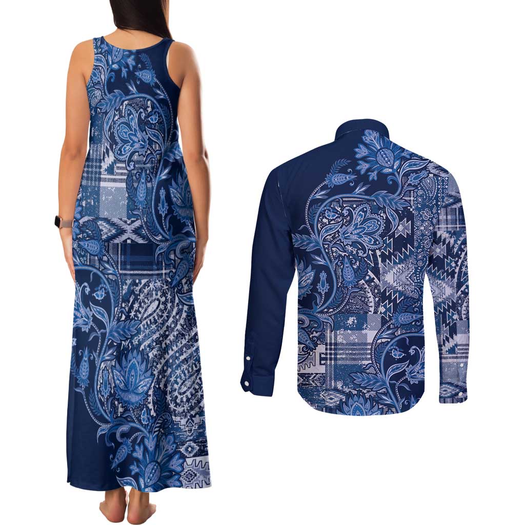 Africa Floral mix Maasai Shuka Couples Matching Tank Maxi Dress and Long Sleeve Button Shirt Blue Moitf LT9 - Wonder Print Shop