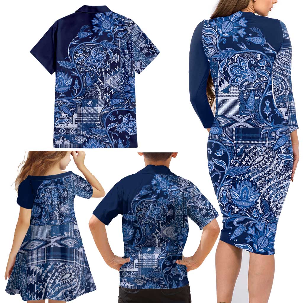 Africa Floral mix Maasai Shuka Family Matching Long Sleeve Bodycon Dress and Hawaiian Shirt Blue Moitf LT9 - Wonder Print Shop