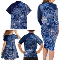Africa Floral mix Maasai Shuka Family Matching Long Sleeve Bodycon Dress and Hawaiian Shirt Blue Moitf LT9 - Wonder Print Shop