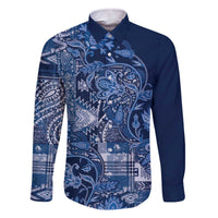 Africa Floral mix Maasai Shuka Family Matching Off The Shoulder Long Sleeve Dress and Hawaiian Shirt Blue Moitf - Wonder Print Shop
