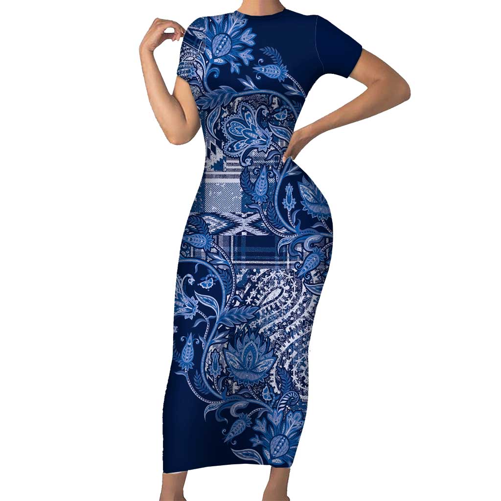 Africa Floral mix Maasai Shuka Family Matching Short Sleeve Bodycon Dress and Hawaiian Shirt Blue Moitf - Wonder Print Shop