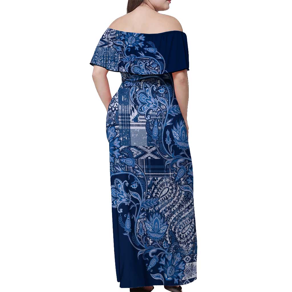 Africa Floral mix Maasai Shuka Off Shoulder Maxi Dress Blue Moitf - Wonder Print Shop