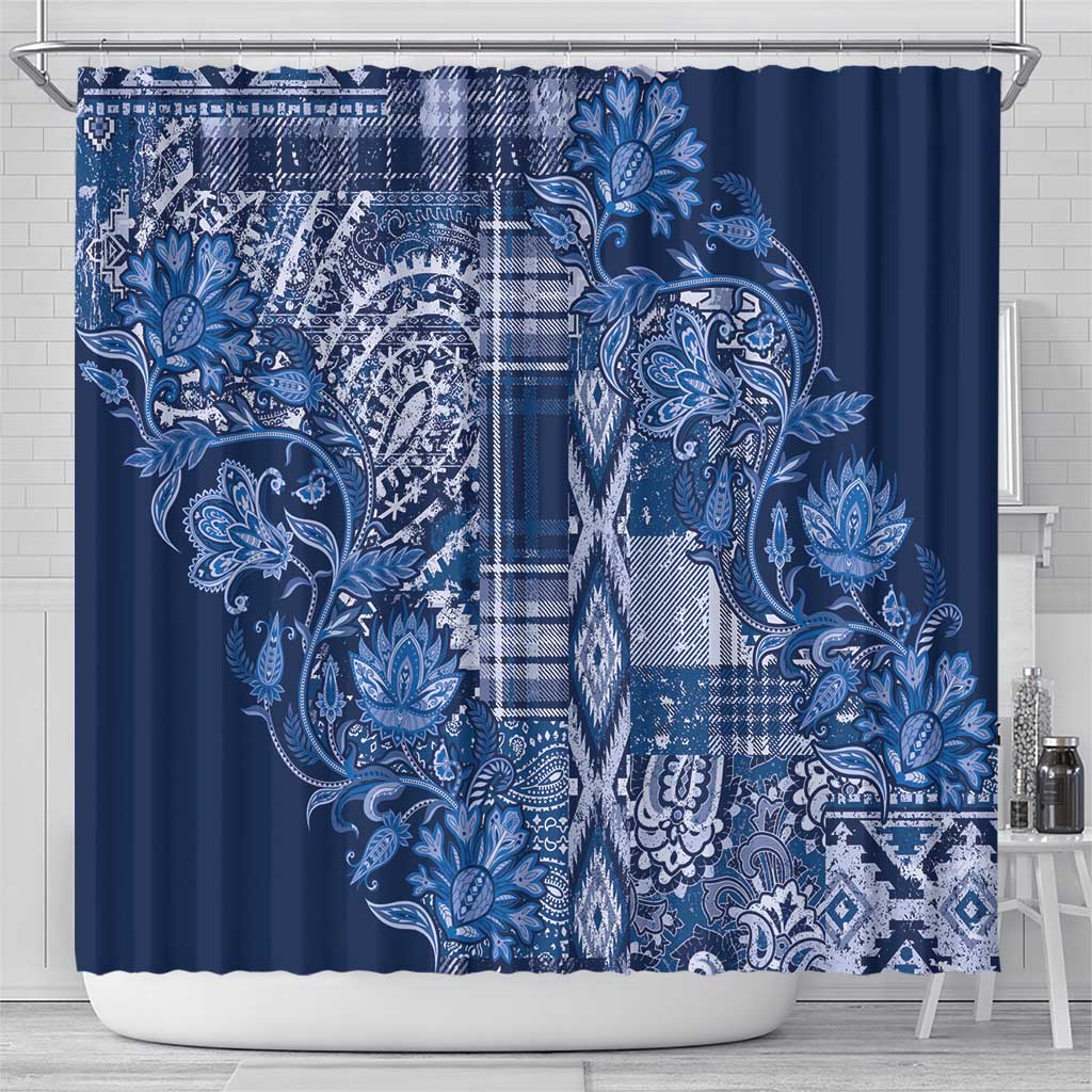 Africa Floral mix Maasai Shuka Shower Curtain Blue Moitf