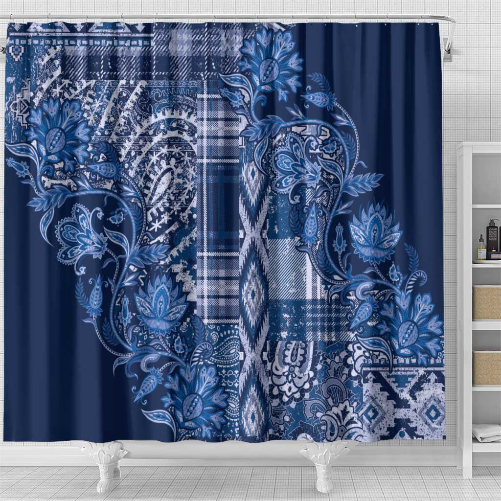 Africa Floral mix Maasai Shuka Shower Curtain Blue Moitf