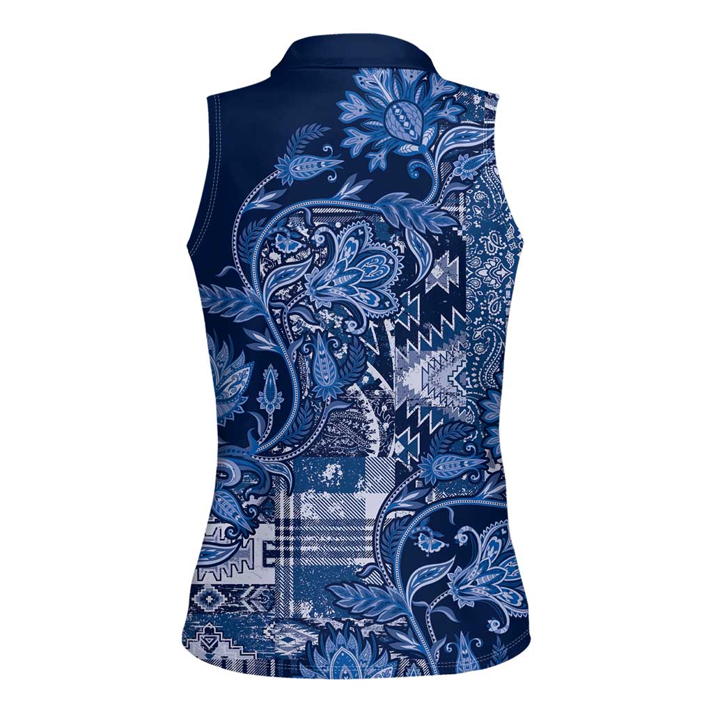 Africa Floral mix Maasai Shuka Women Sleeveless Polo Shirt Blue Moitf - Wonder Print Shop