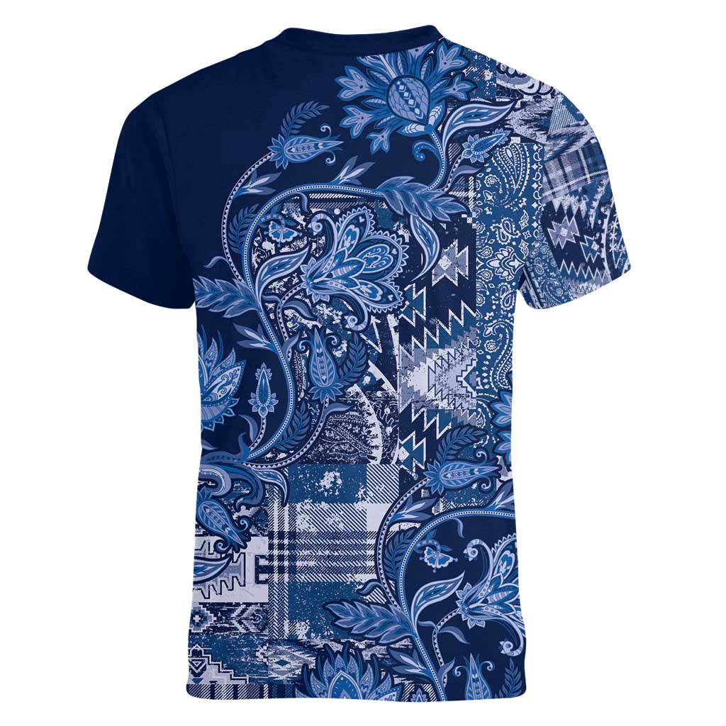 Africa Floral mix Maasai Shuka Women V-Neck T-Shirt Blue Moitf - Wonder Print Shop