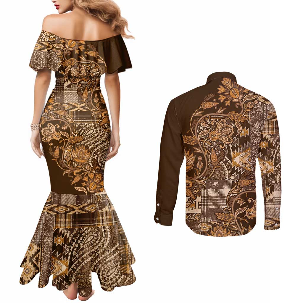 Africa Floral mix Maasai Shuka Couples Matching Mermaid Dress and Long Sleeve Button Shirt Gold Moitf