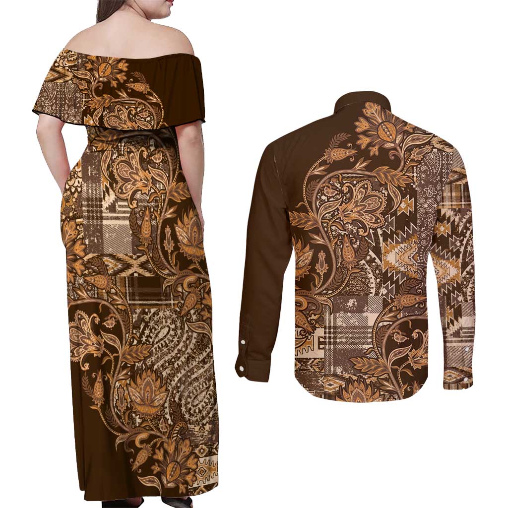 Africa Floral mix Maasai Shuka Couples Matching Off Shoulder Maxi Dress and Long Sleeve Button Shirt Gold Moitf LT9 - Wonder Print Shop
