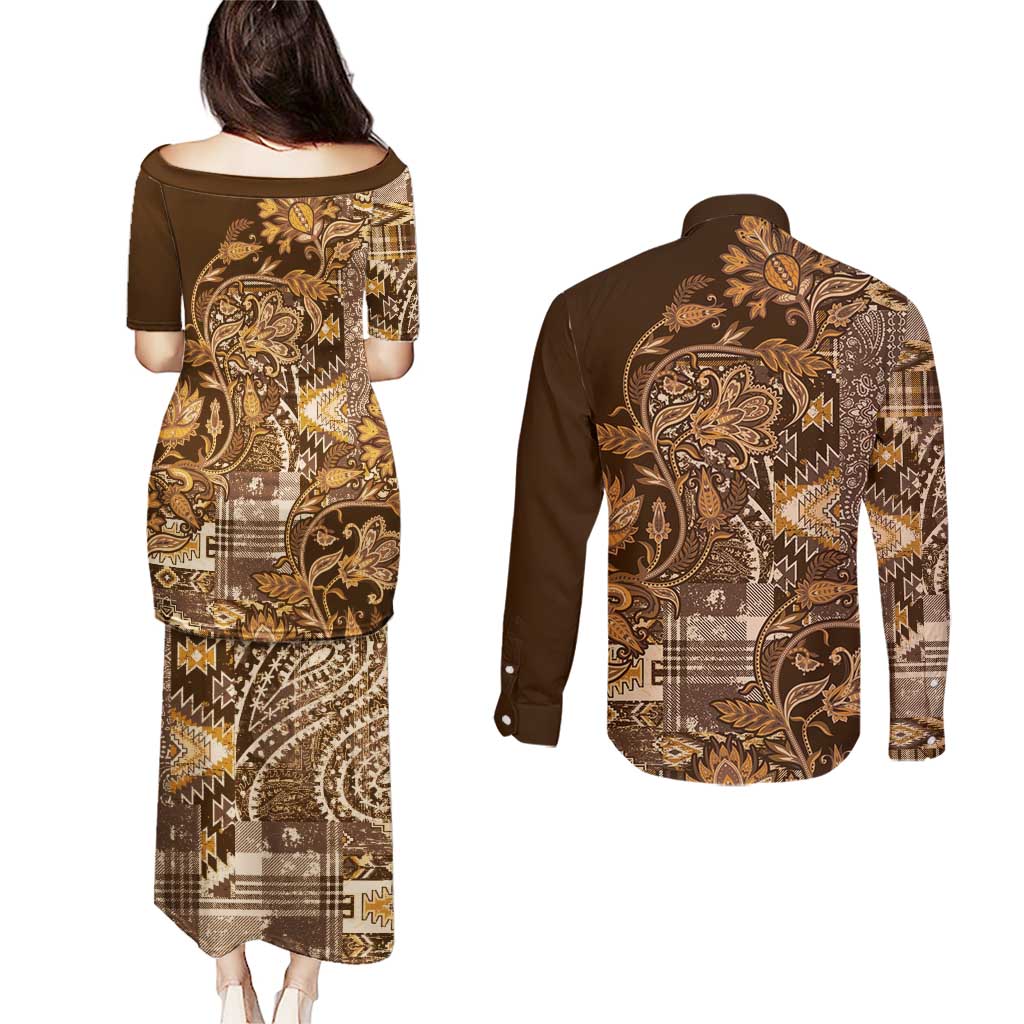 Africa Floral mix Maasai Shuka Couples Matching Puletasi and Long Sleeve Button Shirt Gold Moitf LT9 - Wonder Print Shop