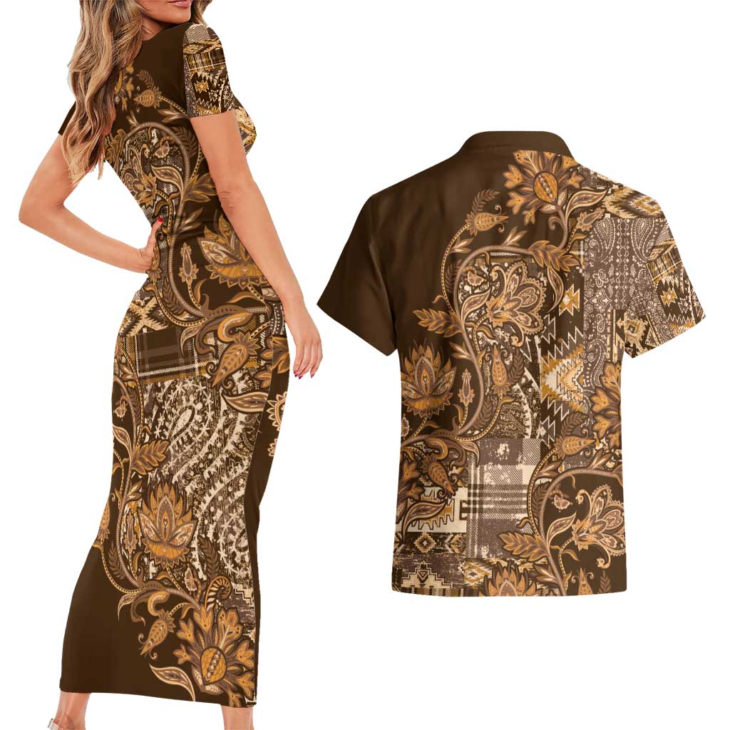 Africa Floral mix Maasai Shuka Couples Matching Short Sleeve Bodycon Dress and Hawaiian Shirt Gold Moitf LT9 - Wonder Print Shop