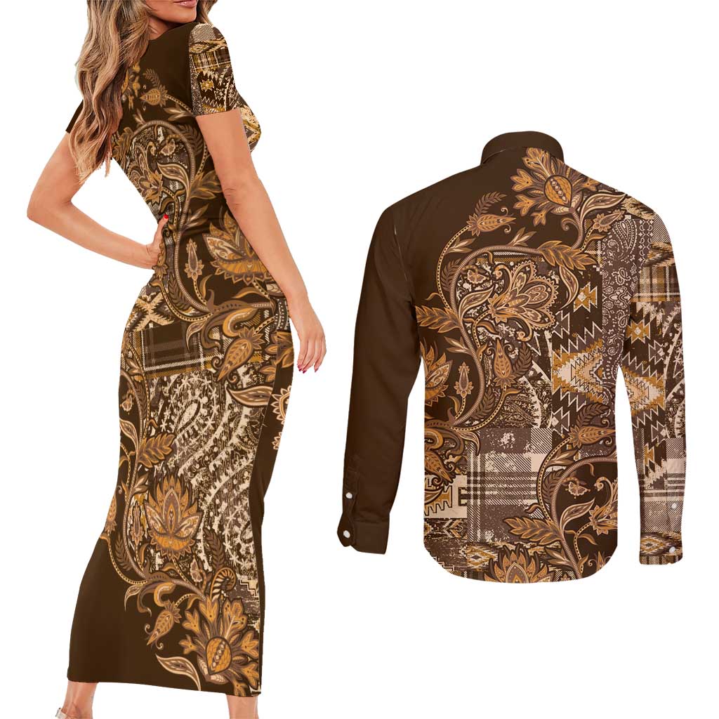 Africa Floral mix Maasai Shuka Couples Matching Short Sleeve Bodycon Dress and Long Sleeve Button Shirt Gold Moitf LT9 - Wonder Print Shop