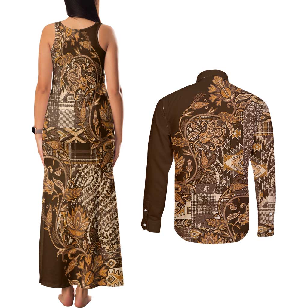 Africa Floral mix Maasai Shuka Couples Matching Tank Maxi Dress and Long Sleeve Button Shirt Gold Moitf LT9 - Wonder Print Shop