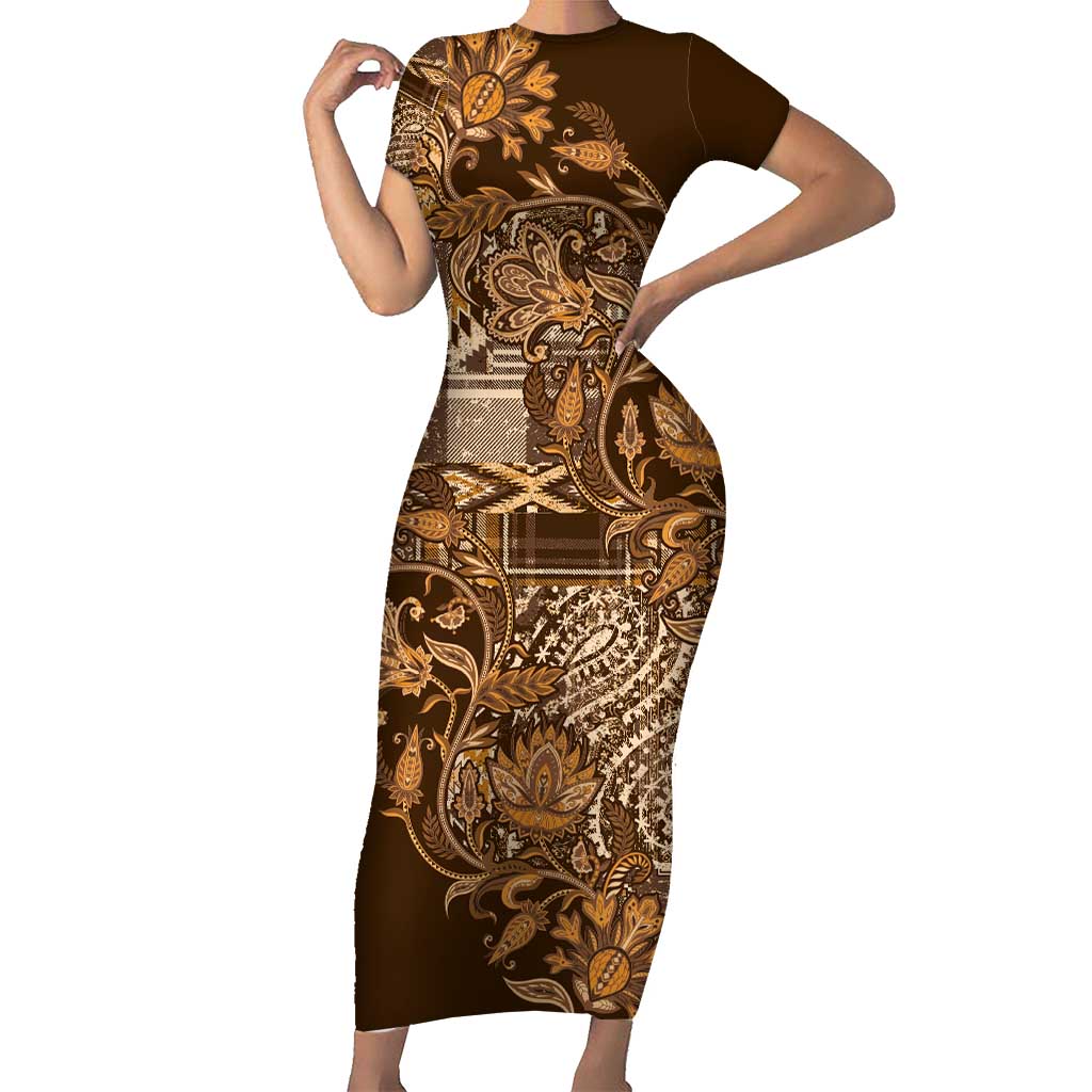 Africa Floral mix Maasai Shuka Family Matching Short Sleeve Bodycon Dress and Hawaiian Shirt Gold Moitf - Wonder Print Shop