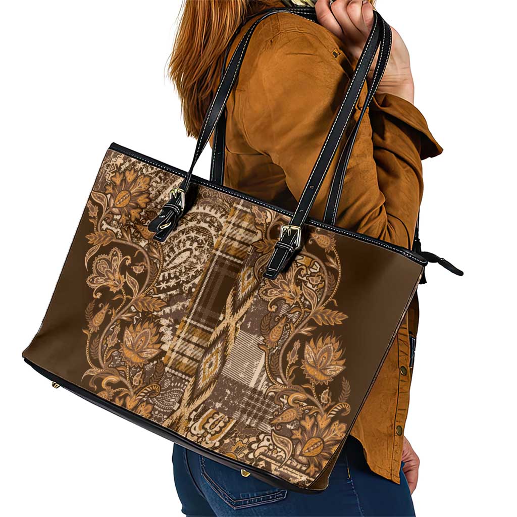 Africa Floral mix Maasai Shuka Leather Tote Bag Gold Moitf - Wonder Print Shop
