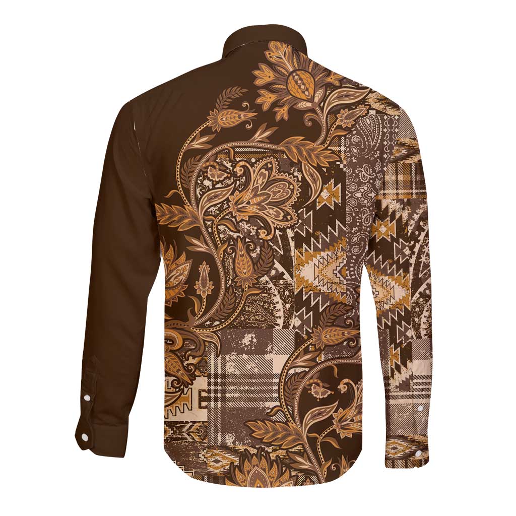 Africa Floral mix Maasai Shuka Long Sleeve Button Shirt Gold Moitf - Wonder Print Shop