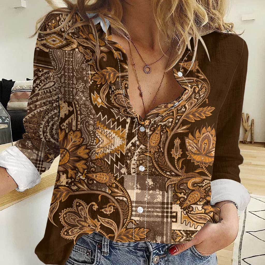 Africa Floral mix Maasai Shuka Women Casual Shirt Gold Moitf - Wonder Print Shop