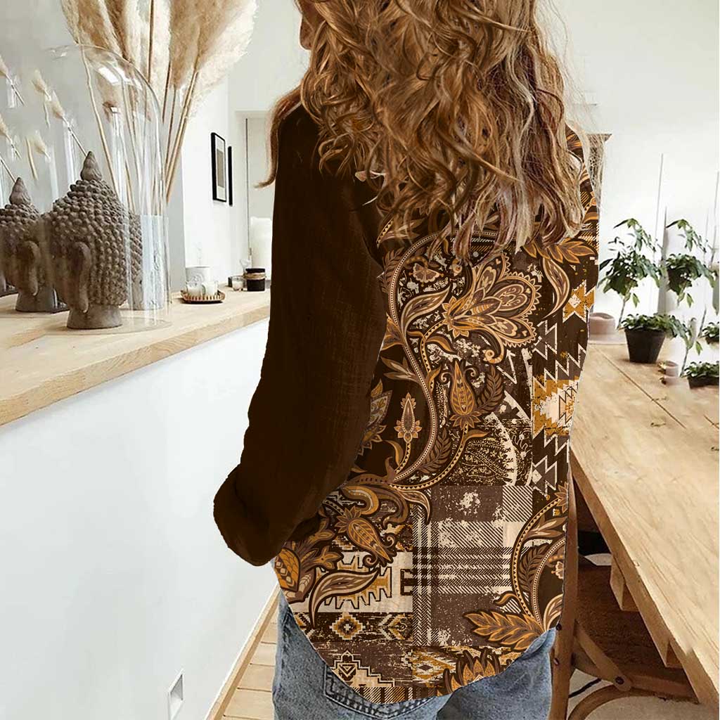 Africa Floral mix Maasai Shuka Women Casual Shirt Gold Moitf - Wonder Print Shop