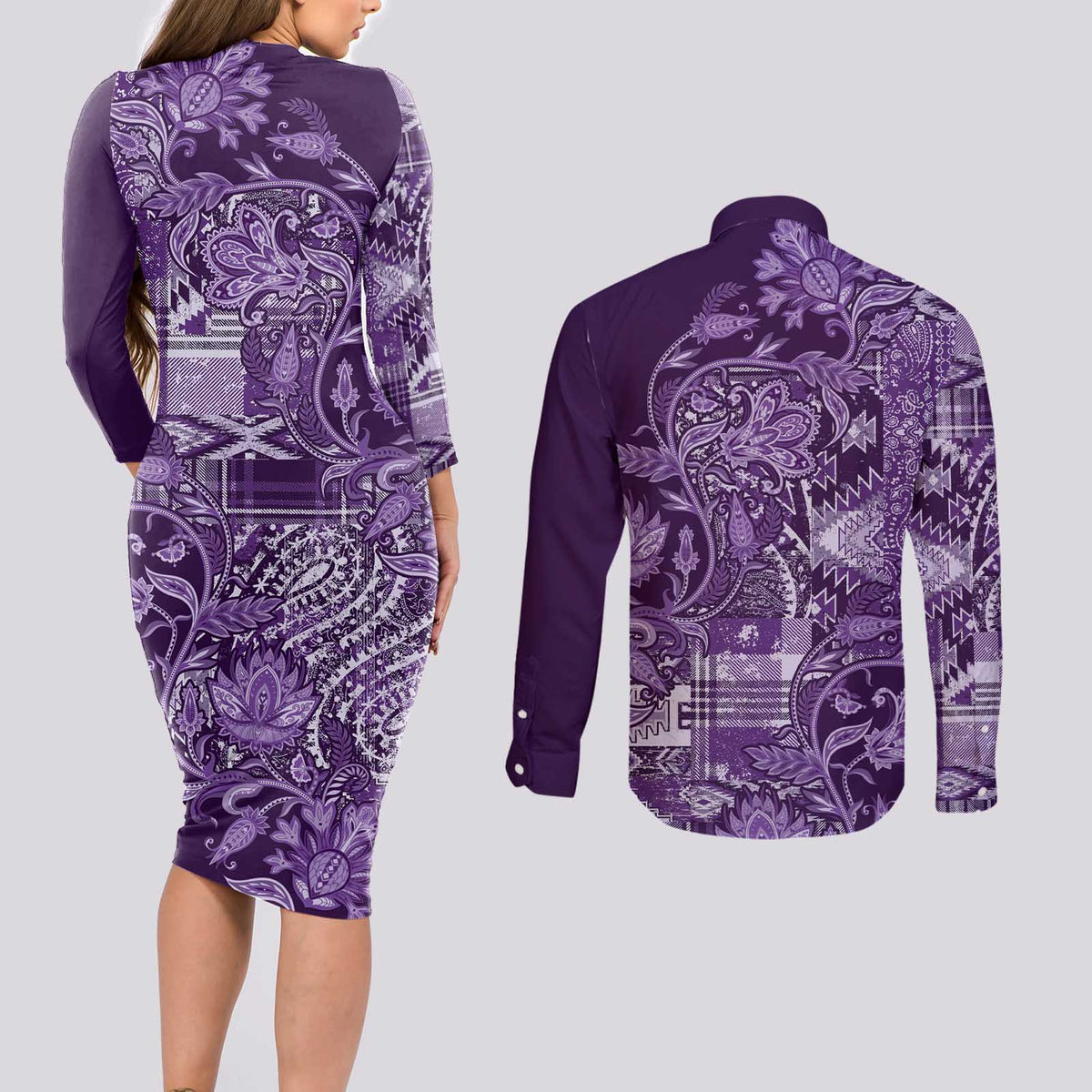 Africa Floral mix Maasai Shuka Couples Matching Long Sleeve Bodycon Dress and Long Sleeve Button Shirt Purple Moitf LT9 - Wonder Print Shop