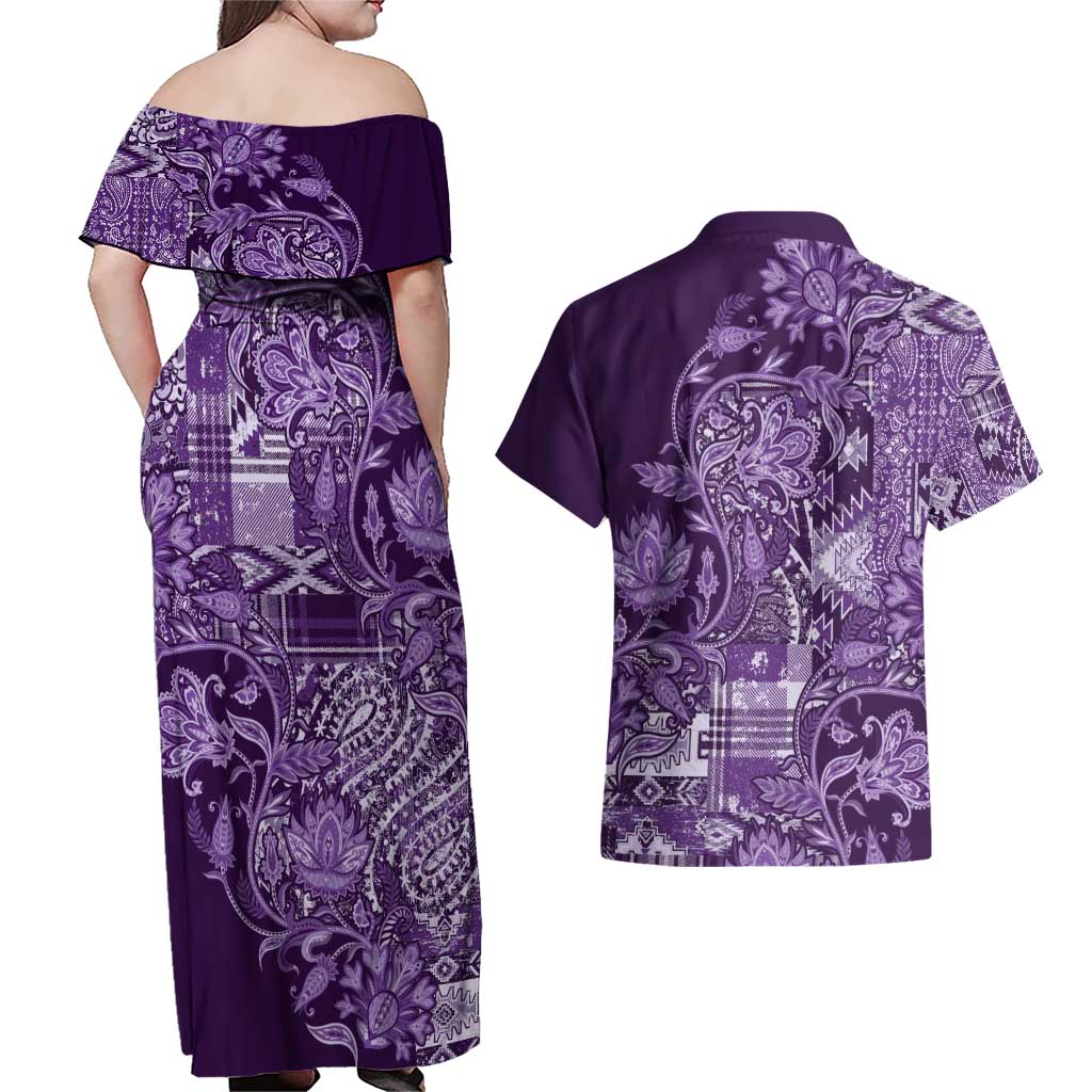 Africa Floral mix Maasai Shuka Couples Matching Off Shoulder Maxi Dress and Hawaiian Shirt Purple Moitf LT9 - Wonder Print Shop