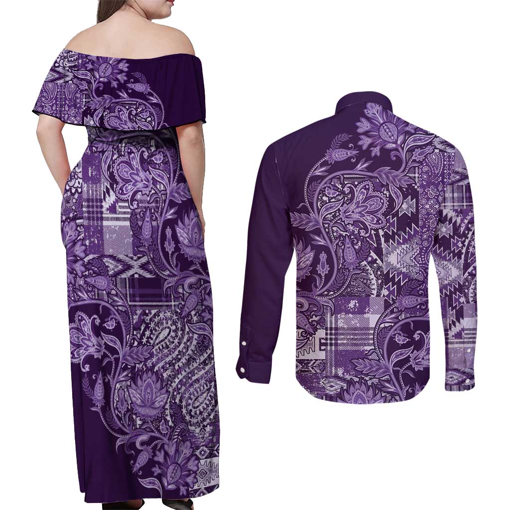 Africa Floral mix Maasai Shuka Couples Matching Off Shoulder Maxi Dress and Long Sleeve Button Shirt Purple Moitf LT9 - Wonder Print Shop
