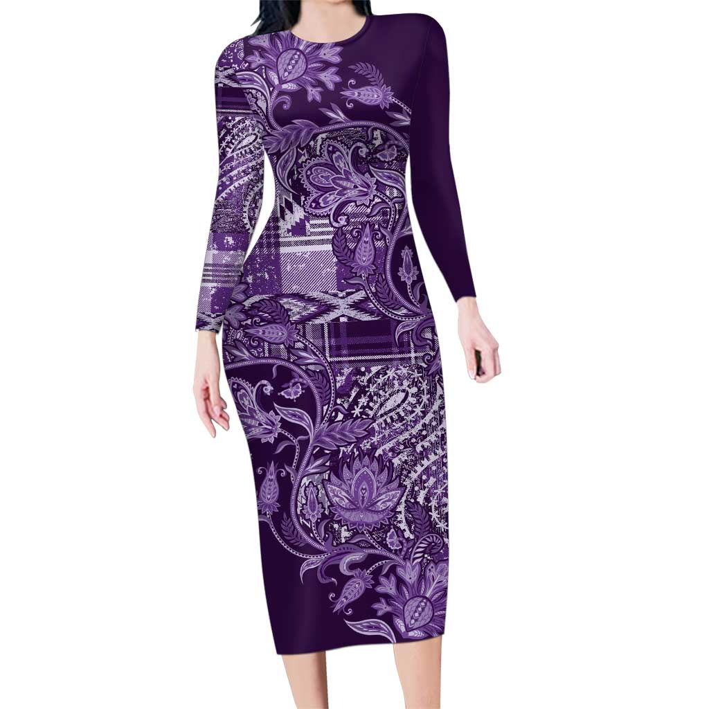 Africa Floral mix Maasai Shuka Family Matching Long Sleeve Bodycon Dress and Hawaiian Shirt Purple Moitf LT9 - Wonder Print Shop