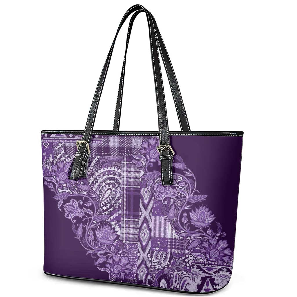 Africa Floral mix Maasai Shuka Leather Tote Bag Purple Moitf - Wonder Print Shop