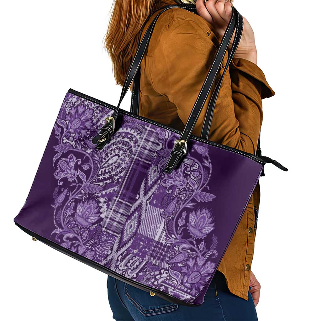 Africa Floral mix Maasai Shuka Leather Tote Bag Purple Moitf - Wonder Print Shop
