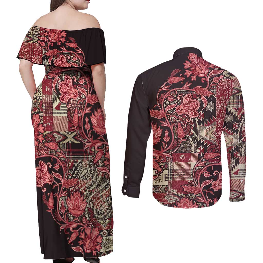 Africa Floral mix Maasai Shuka Couples Matching Off Shoulder Maxi Dress and Long Sleeve Button Shirt Red Moitf LT9 - Wonder Print Shop