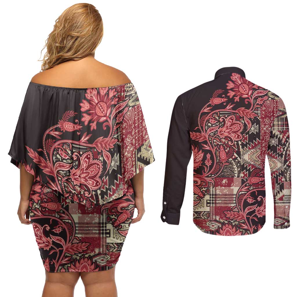 Africa Floral mix Maasai Shuka Couples Matching Off Shoulder Short Dress and Long Sleeve Button Shirt Red Moitf LT9 - Wonder Print Shop