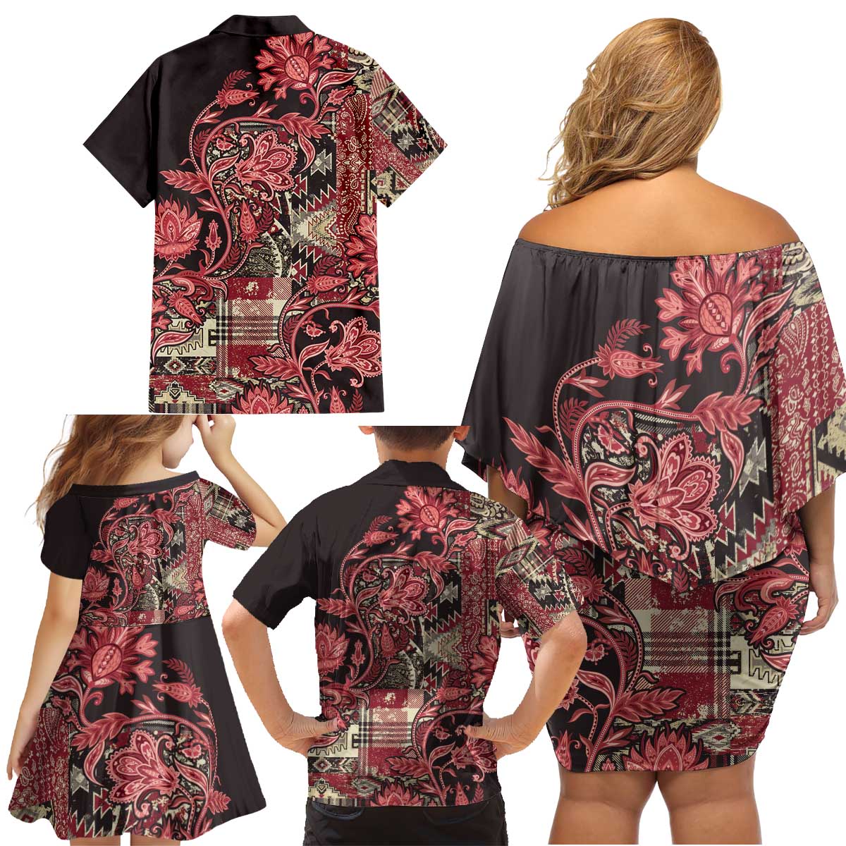 Africa Floral mix Maasai Shuka Family Matching Off Shoulder Short Dress and Hawaiian Shirt Red Moitf LT9 - Wonder Print Shop