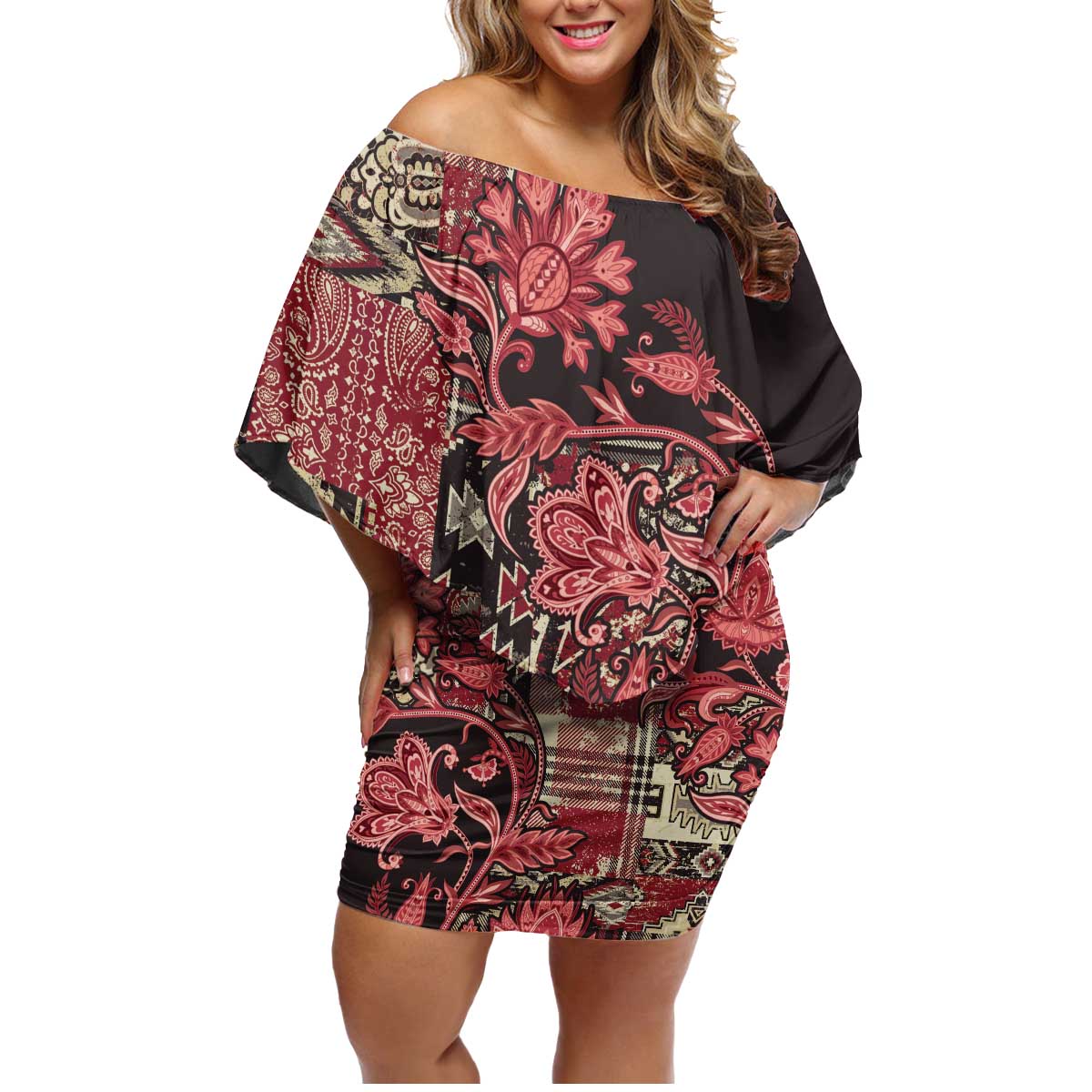 Africa Floral mix Maasai Shuka Family Matching Off Shoulder Short Dress and Hawaiian Shirt Red Moitf LT9 - Wonder Print Shop