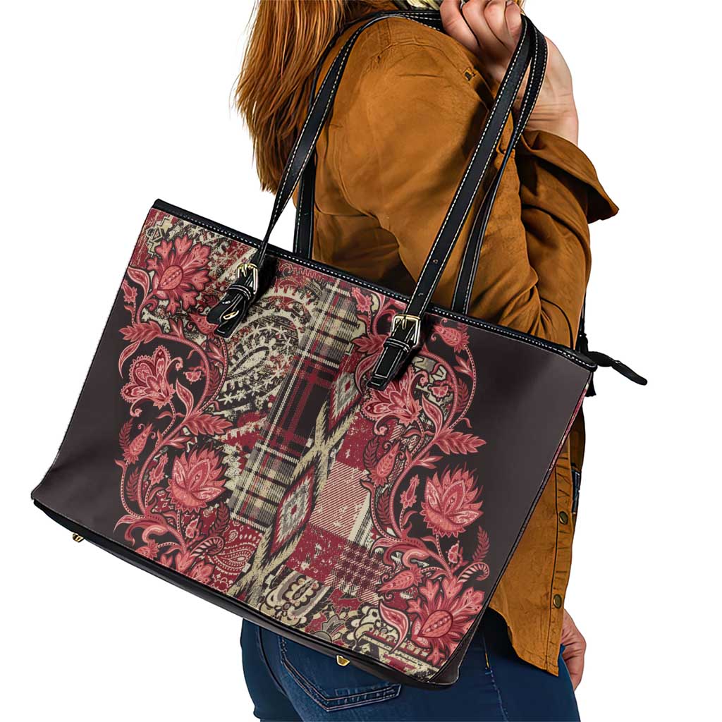 Africa Floral mix Maasai Shuka Leather Tote Bag Red Moitf - Wonder Print Shop