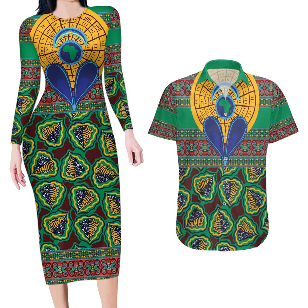 African Pattern Traditional Kanga Style Couples Matching Long Sleeve Bodycon Dress and Hawaiian Shirt LT9 - Wonder Print Shop