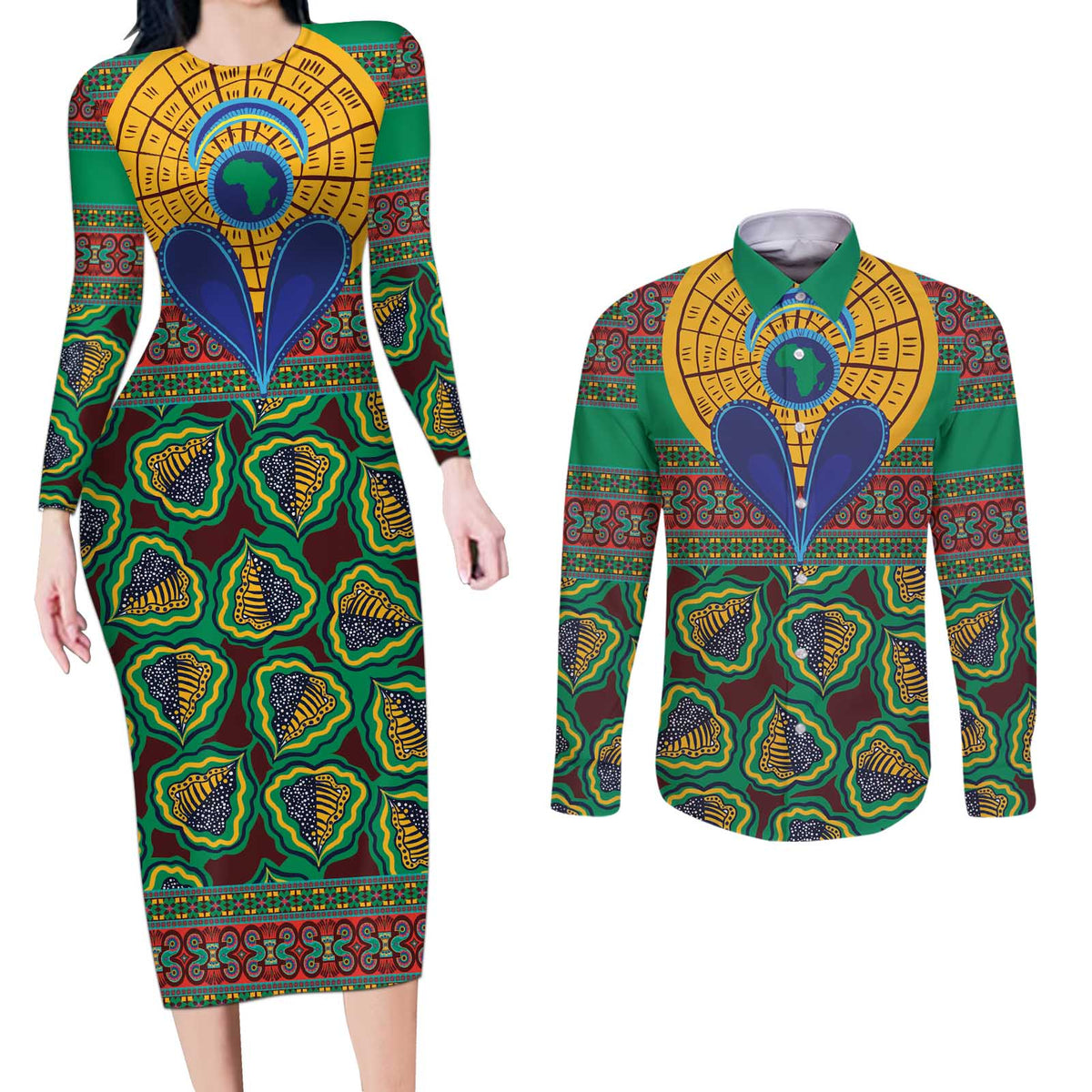 African Pattern Traditional Kanga Style Couples Matching Long Sleeve Bodycon Dress and Long Sleeve Button Shirt LT9 - Wonder Print Shop