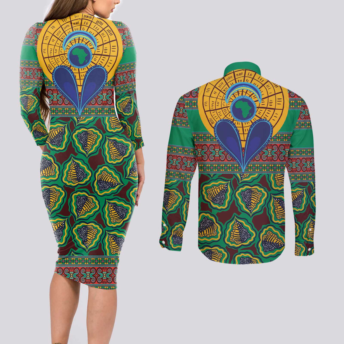 African Pattern Traditional Kanga Style Couples Matching Long Sleeve Bodycon Dress and Long Sleeve Button Shirt LT9 - Wonder Print Shop