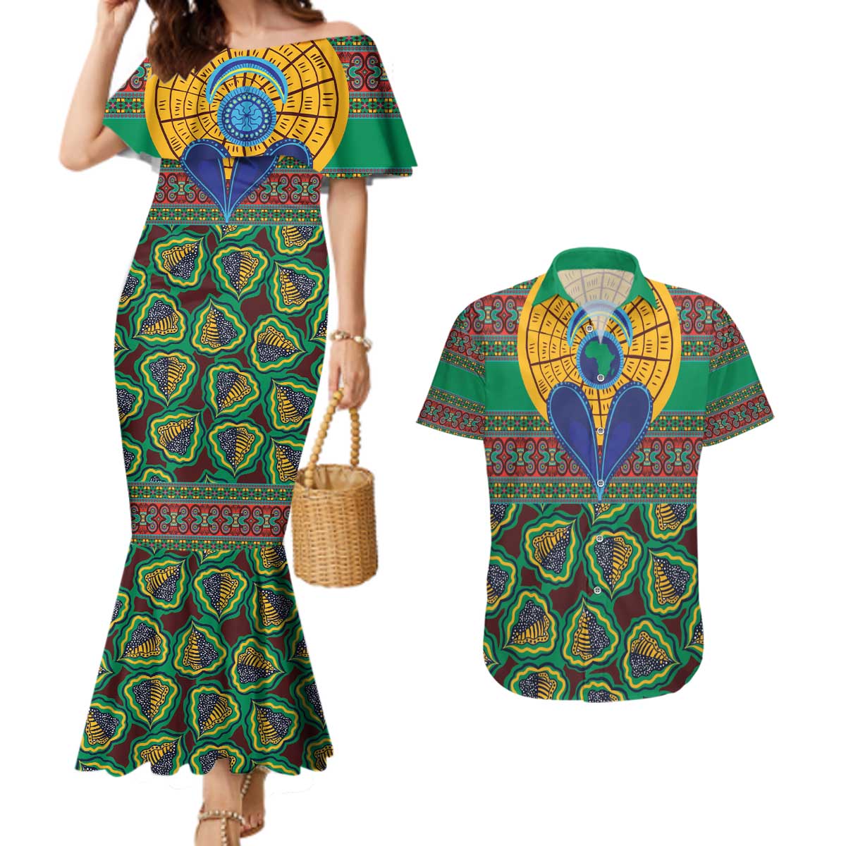 African Pattern Traditional Kanga Style Couples Matching Mermaid Dress and Hawaiian Shirt LT9 - Wonder Print Shop