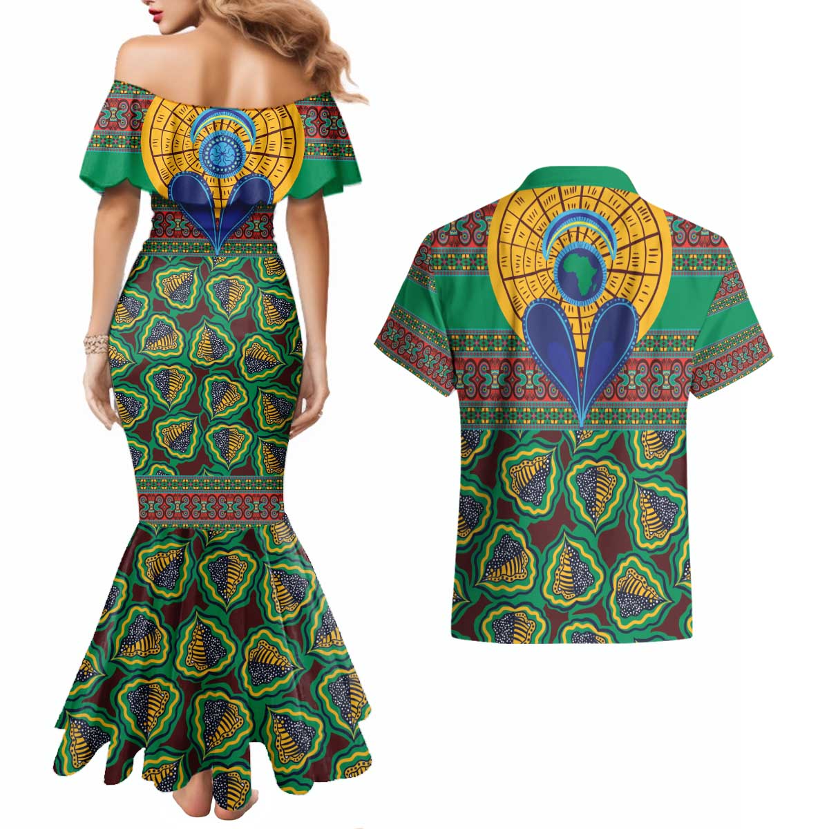 African Pattern Traditional Kanga Style Couples Matching Mermaid Dress and Hawaiian Shirt LT9 - Wonder Print Shop
